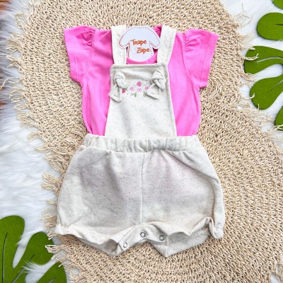 Conj. Blusa e Jardineira em Linho com Flores - Areia e Rosa